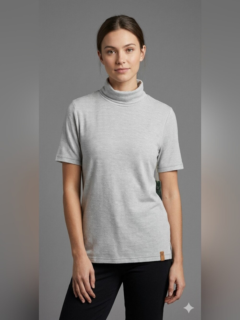 ​NWT tentree Hi Rise Grey Elm White Moraine SS Mock Neck Turtleneck Top M Hemp